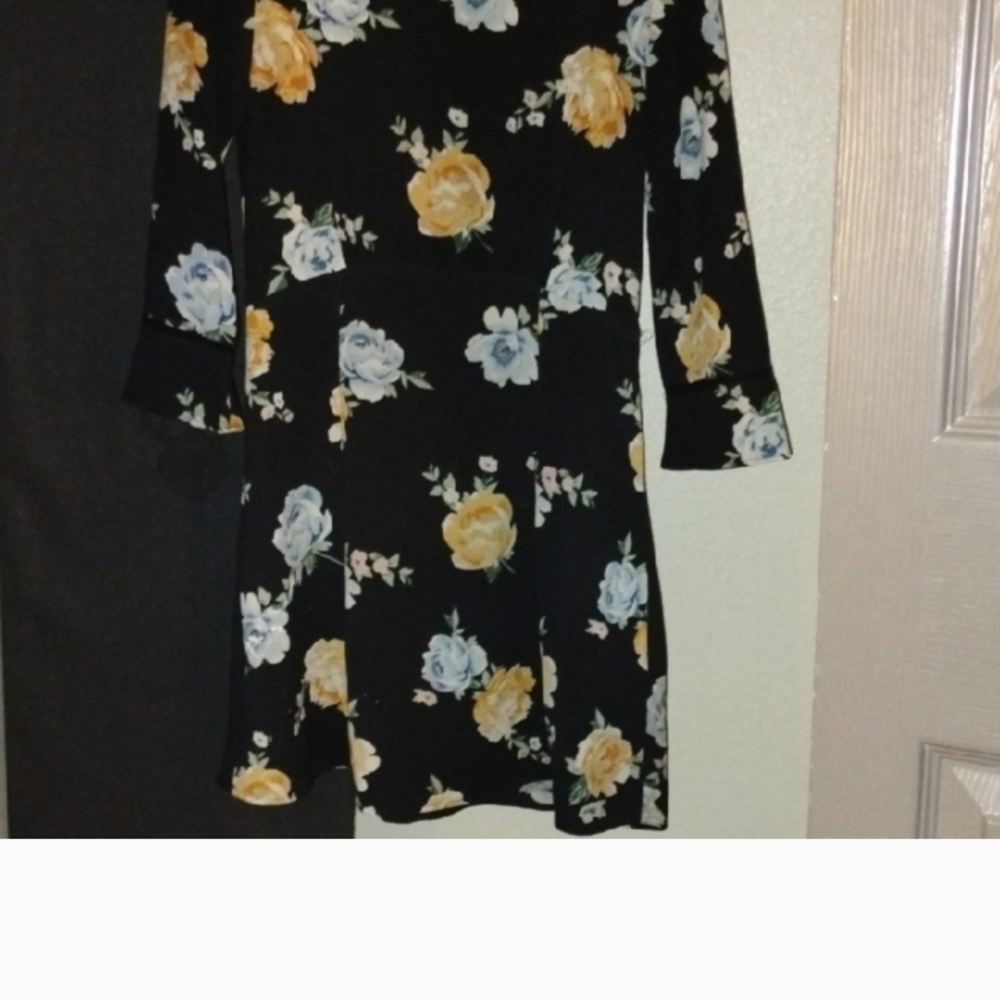 Divided Blue and Yellow Fit and Flare Dress with Bell Sleeves